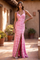 Halter Floral Fitted Evening Gown with Pearl Accent Open Back and Side Slit – Pink