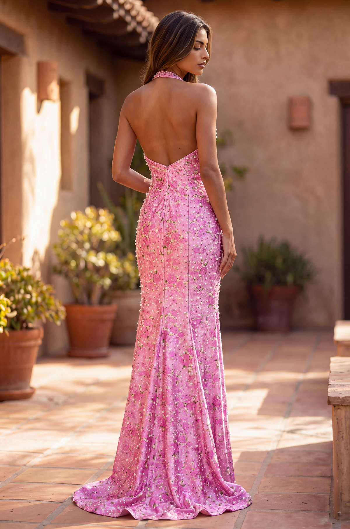 Halter Floral Fitted Evening Gown with Pearl Accent Open Back and Side Slit – Pink