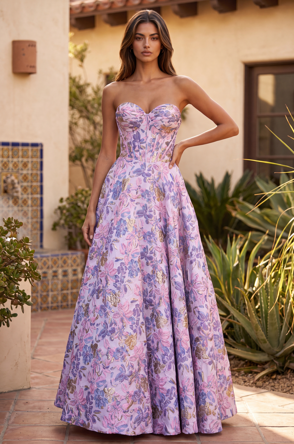 Long Strapless Corset Floral Jacquard Ball Gown – Pink