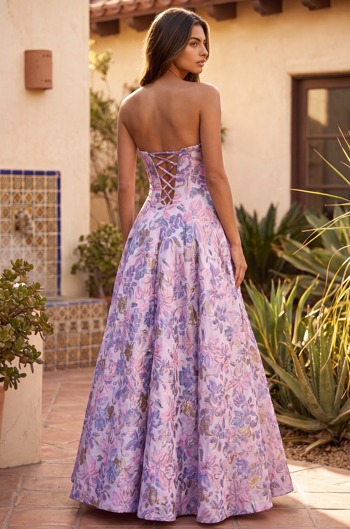 Long Strapless Corset Floral Jacquard Ball Gown – Pink