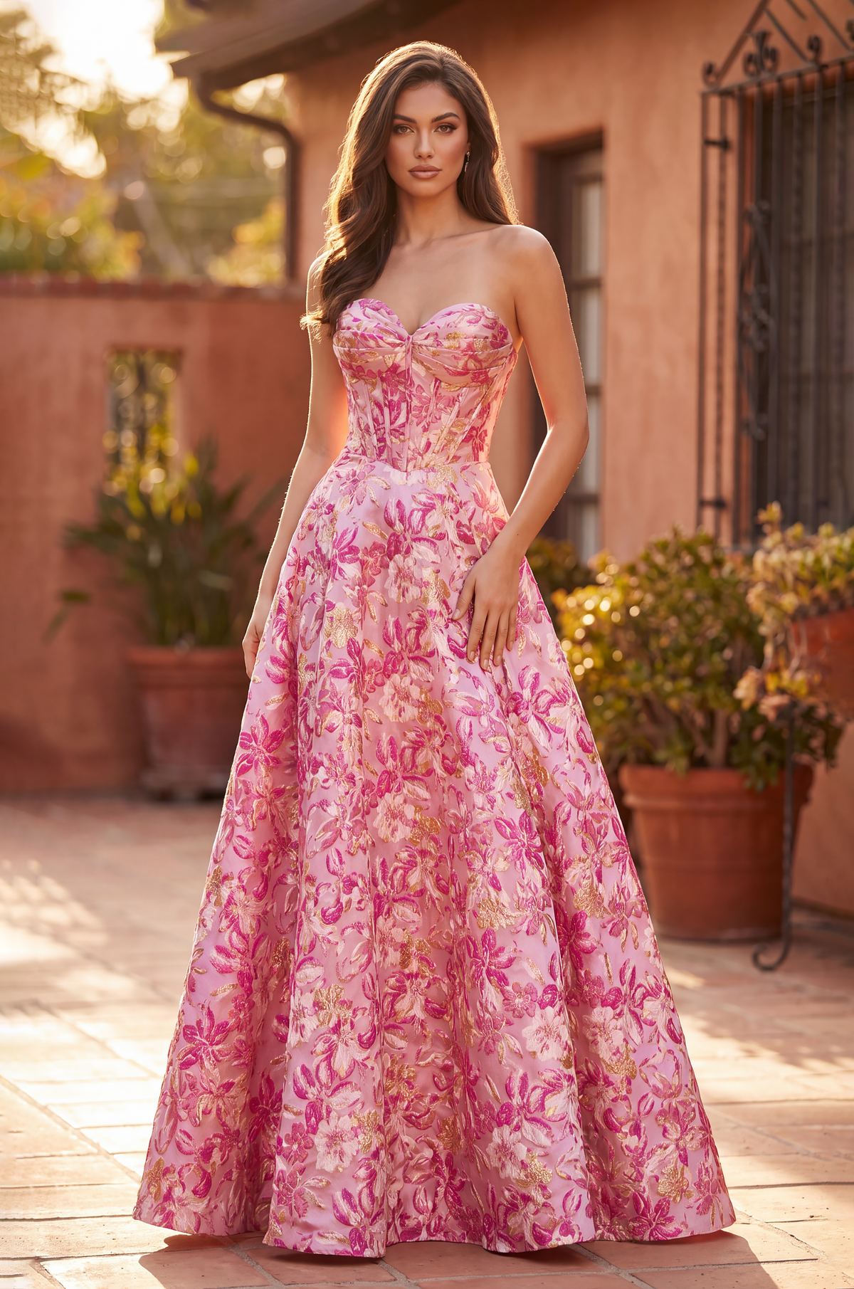 Long Strapless Corset Floral Jacquard Ball Gown – Pink