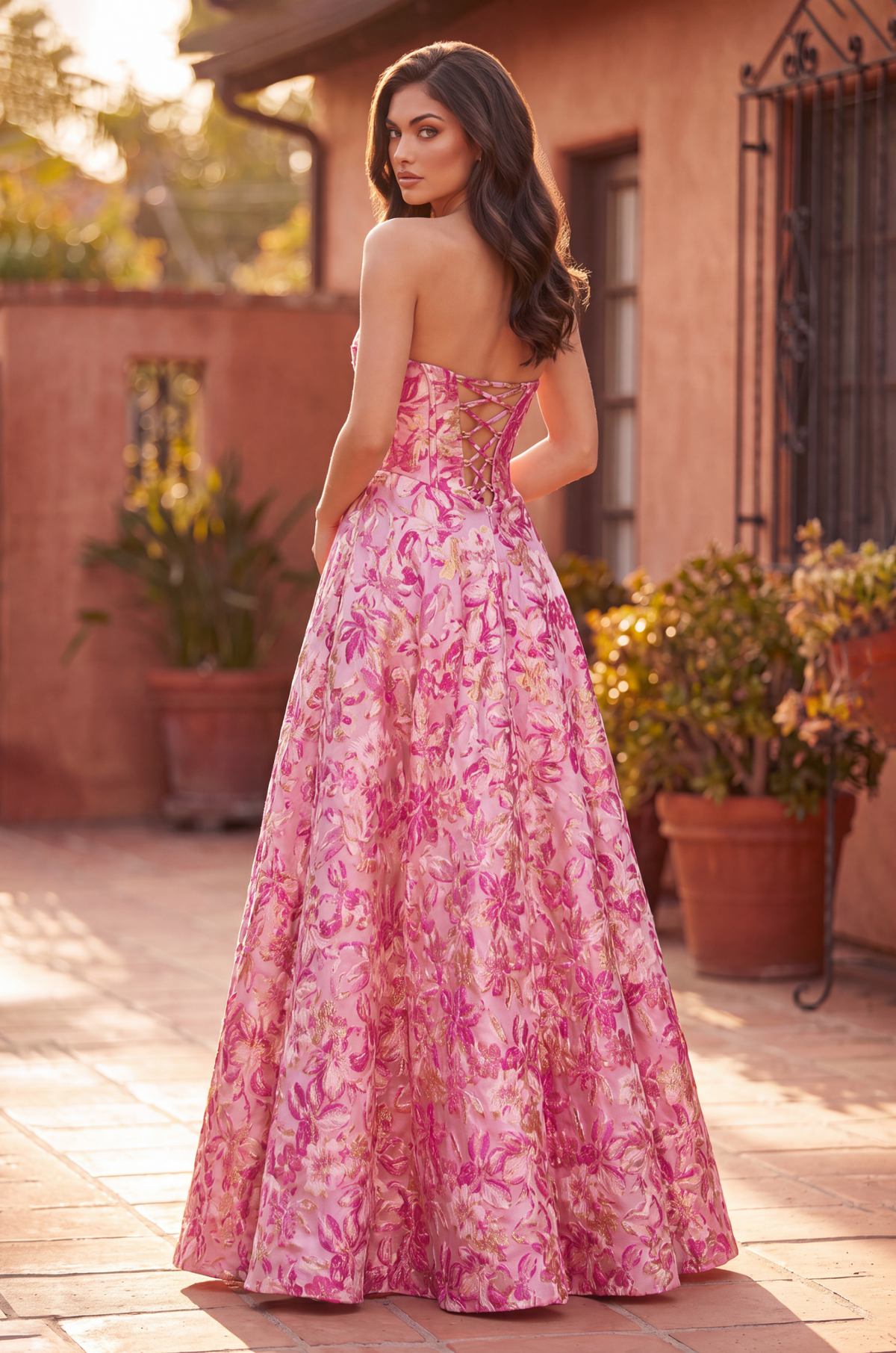Long Strapless Corset Floral Jacquard Ball Gown – Pink