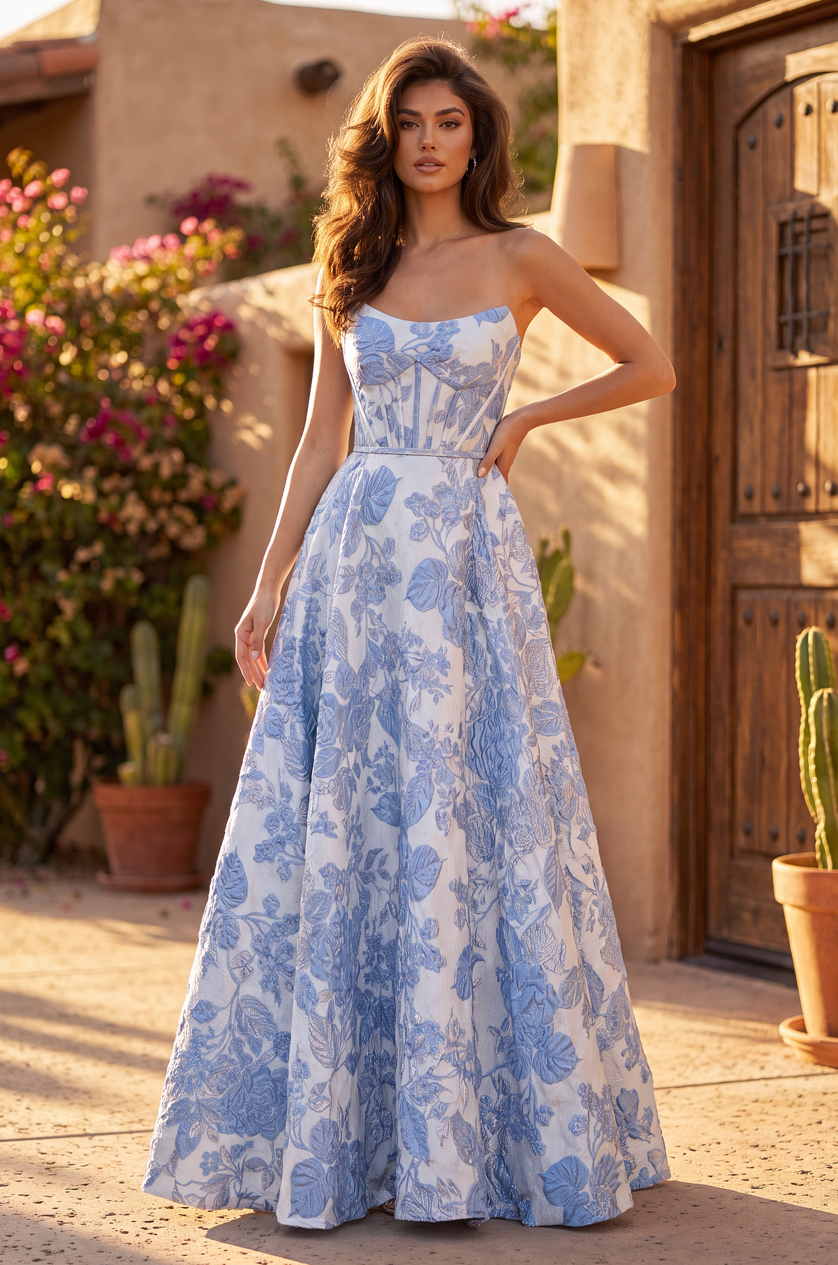 Long Floral Jacquard Prom Dress Strapless Ball Gown – Blue