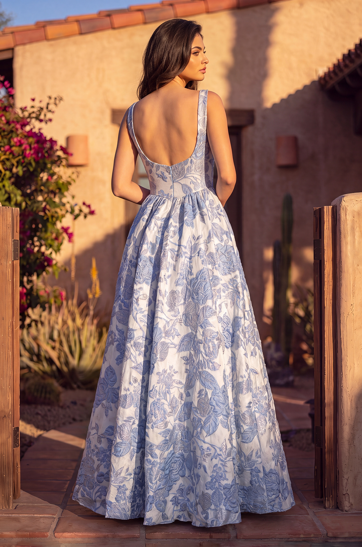 Long Floral Jacquard A Line Prom Dress – Blue