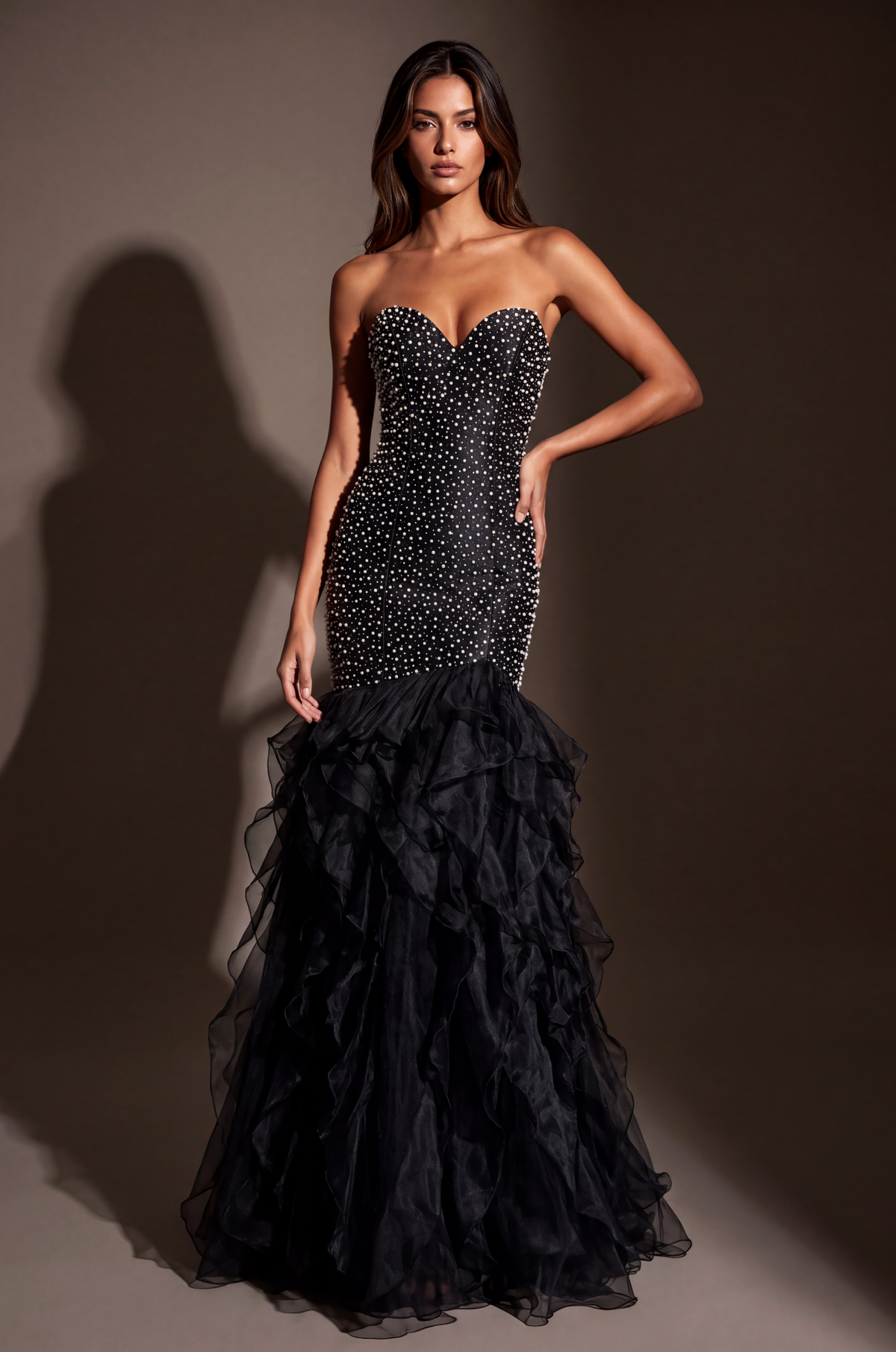 Formal Pearl Beaded Tiered Mermaid Evening Dress – Black