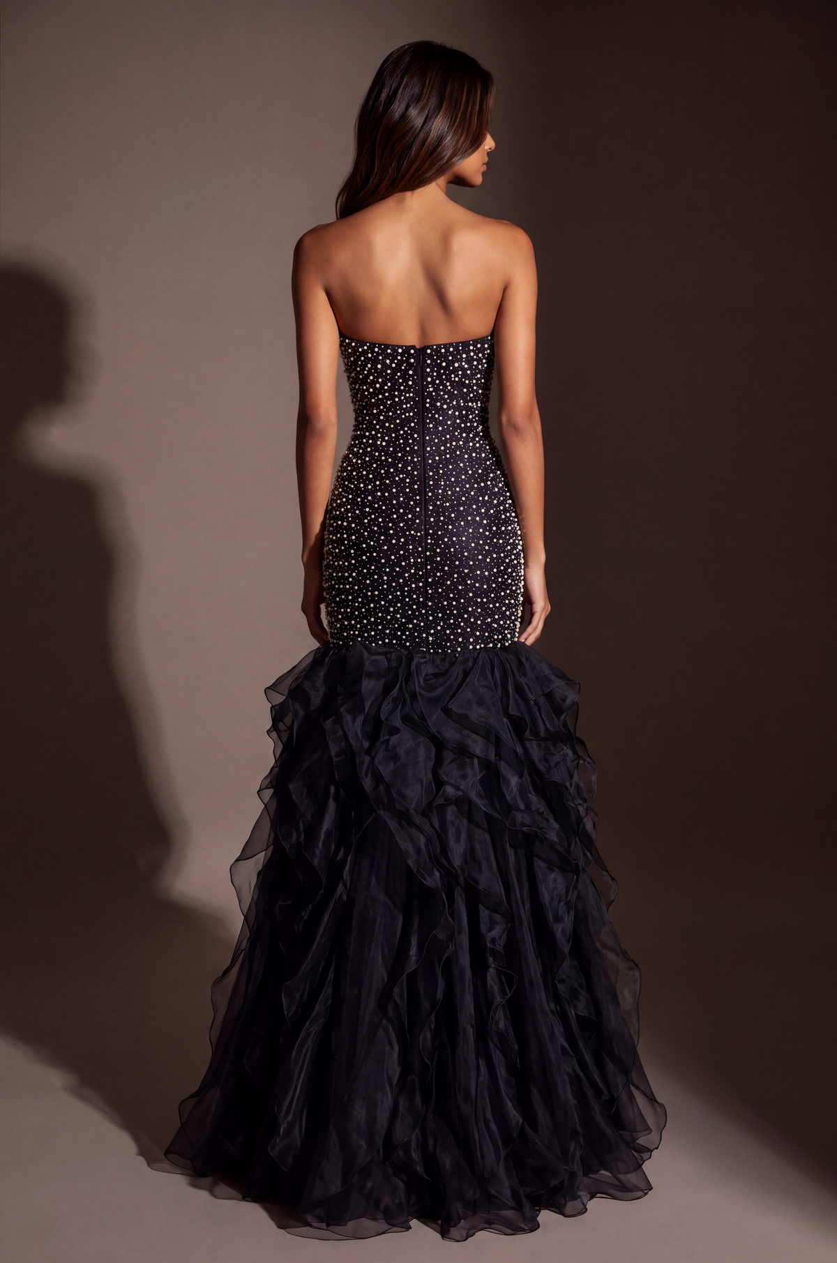 Formal Pearl Beaded Tiered Mermaid Evening Dress – Black