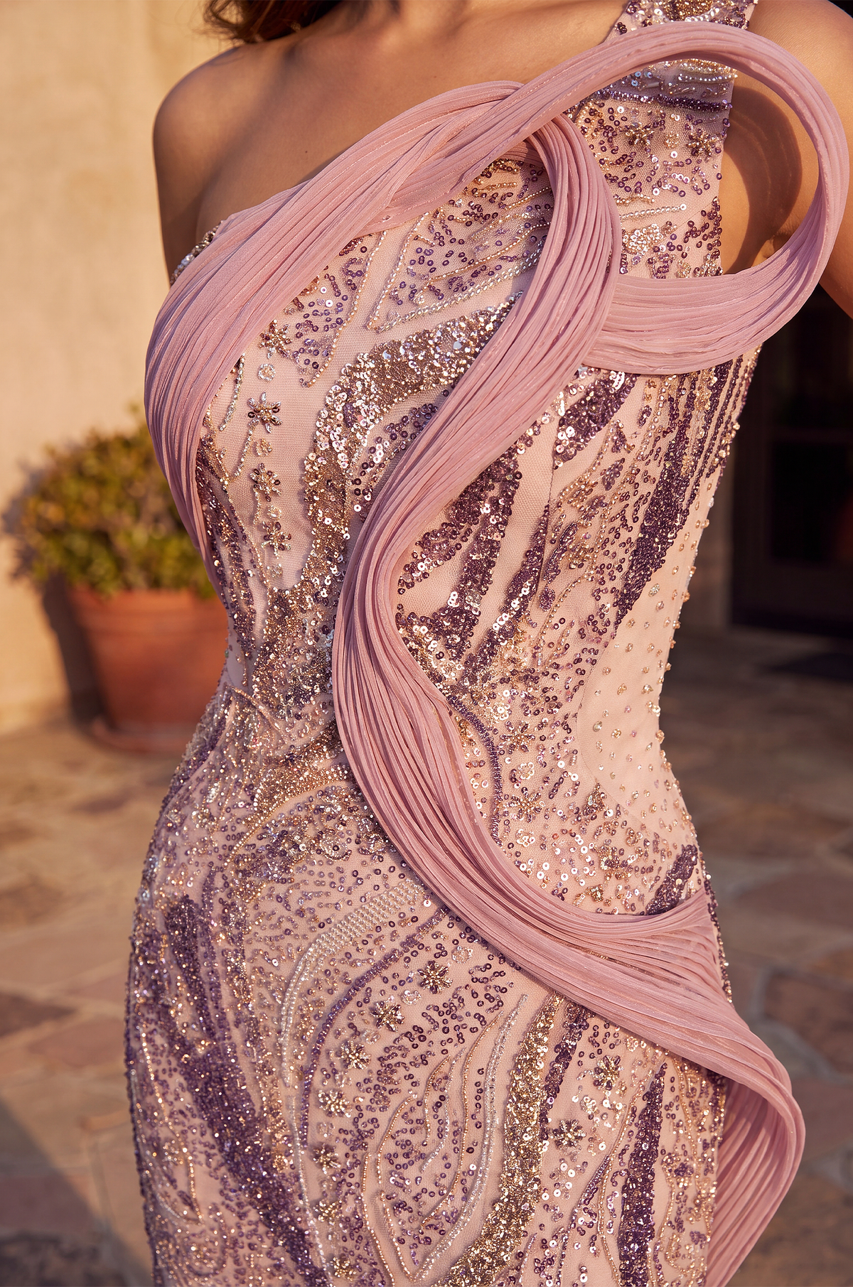 Long One Shoulder Formal Sequined Gown – Mauve
