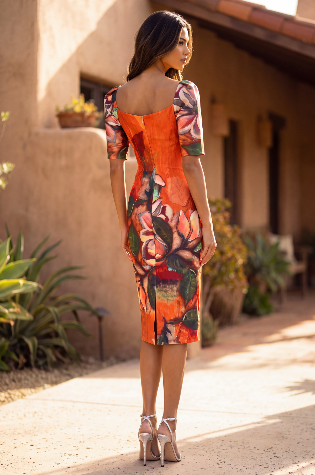 Floral Print Midi Sheath Cocktail Dress – Green