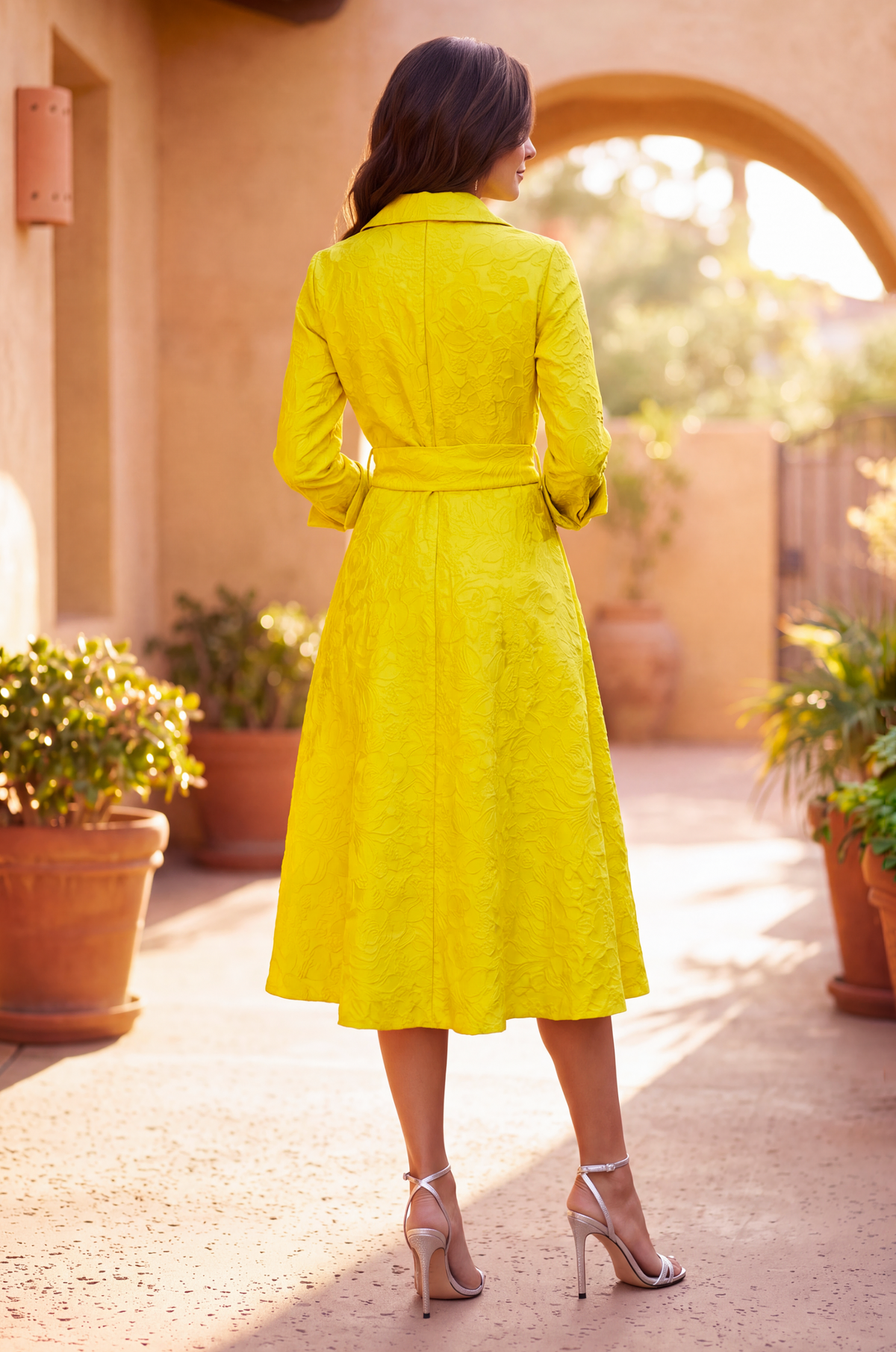 Long Sleeve Jacquard Cocktail Shirt Short Formal Dress – Yellow