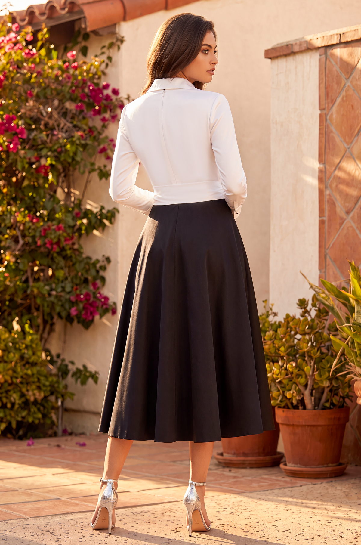 Long Sleeve Two Tone Formal Midi Dress – Black/White