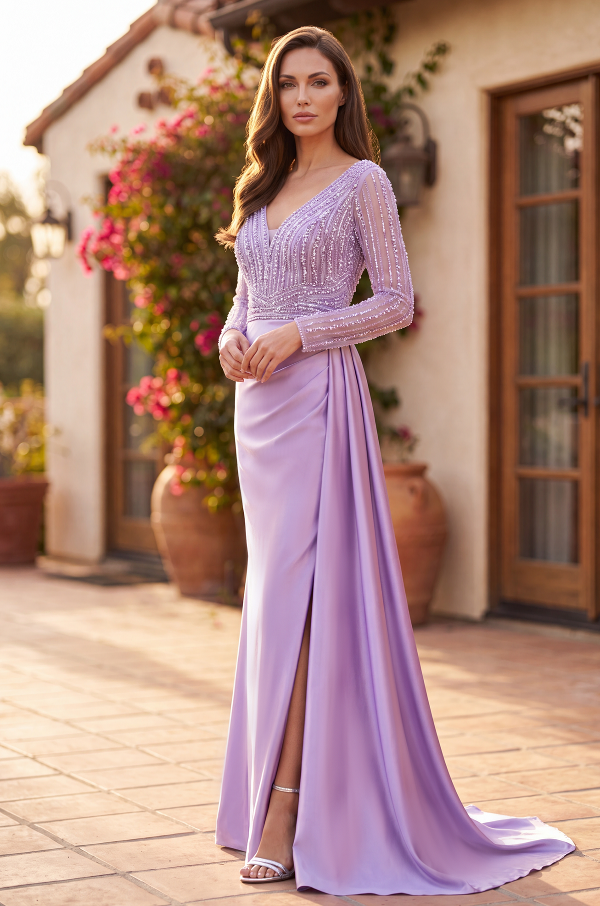 Fitted Long Sleeve Formal Evening Gown – Lilac