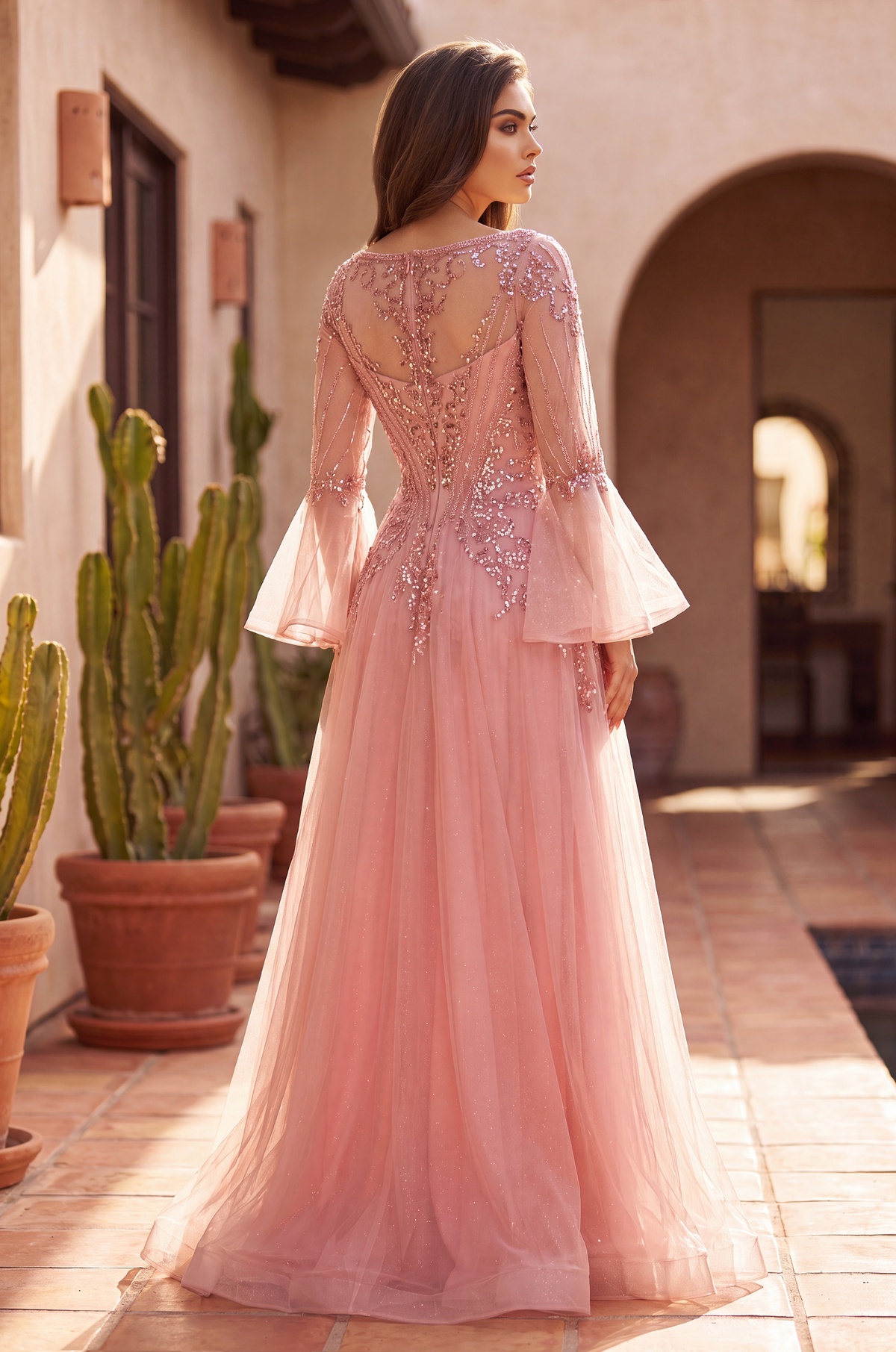 Long Bell Sleeve Mother of the Bride Lace Gown – Rose