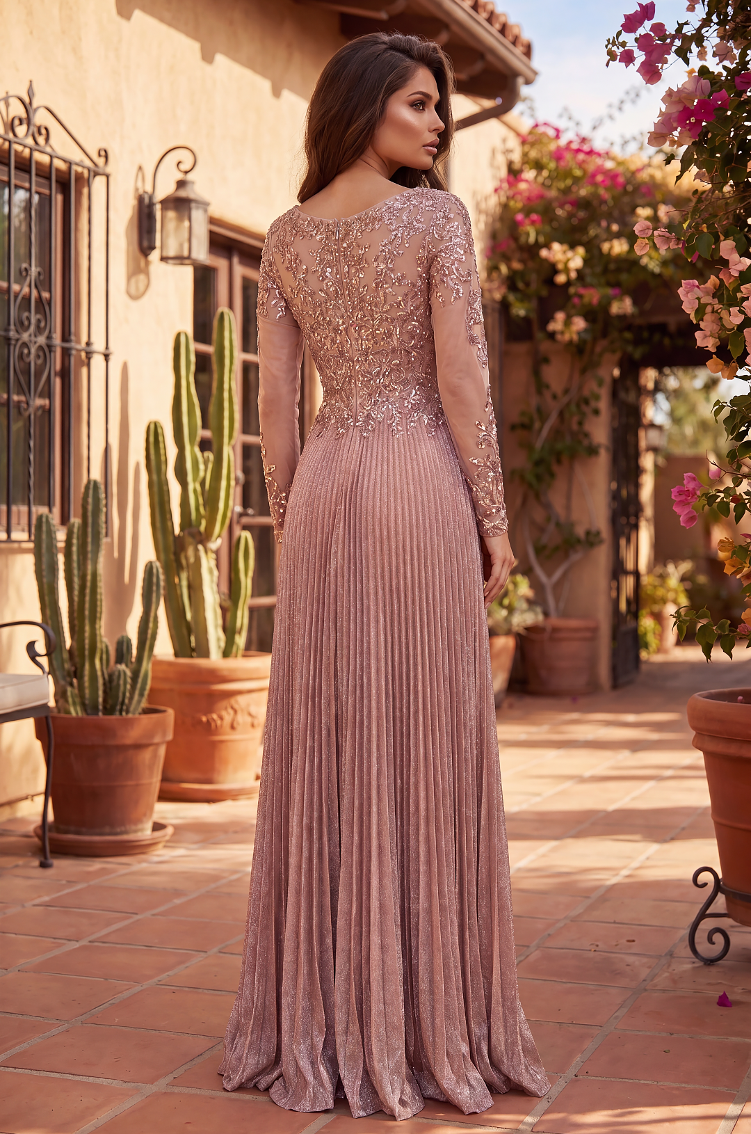 Long Sleeve Formal Pleated Mother of the Bride Dress – Champagne