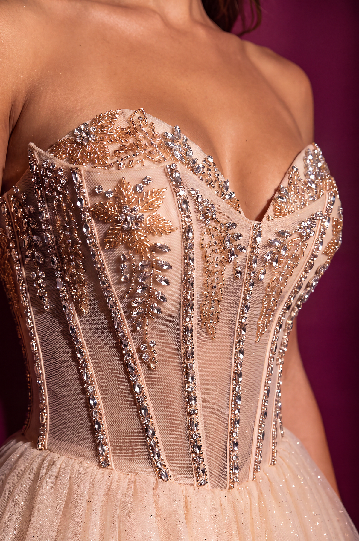 Beaded Knee Length Homecoming Dress with Stones Embellishments and Tulle Skirt – Champagne