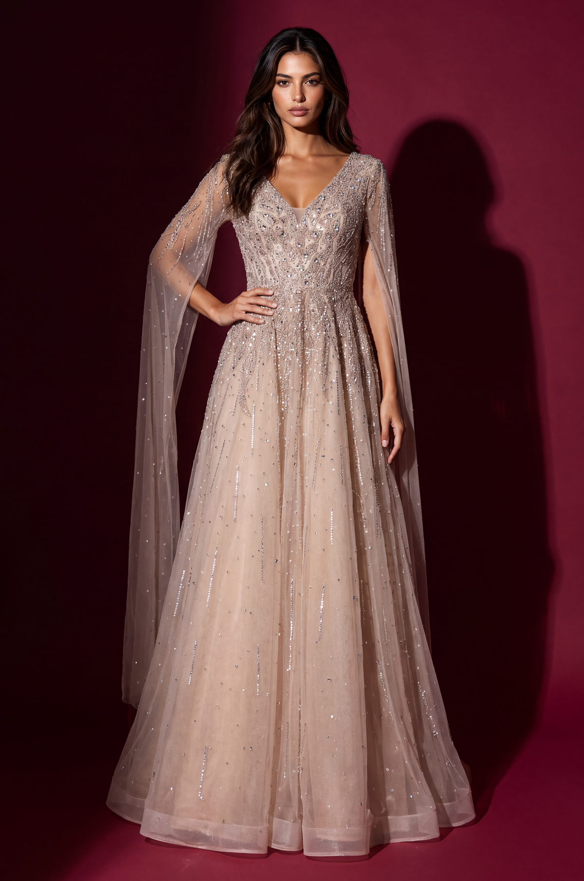 Formal Fully Beaded Cape Sleeve Couture Evening Gown – Gold