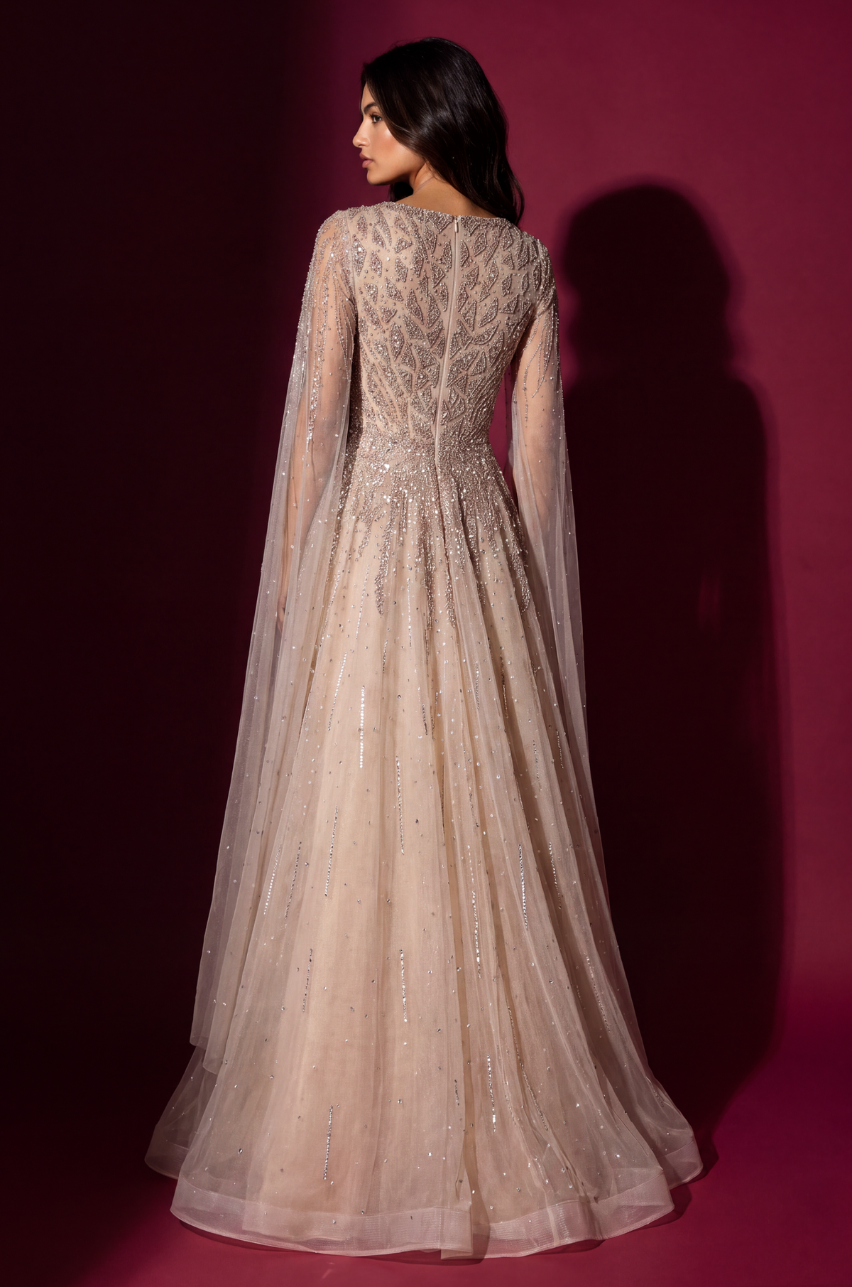 Formal Fully Beaded Cape Sleeve Couture Evening Gown – Gold