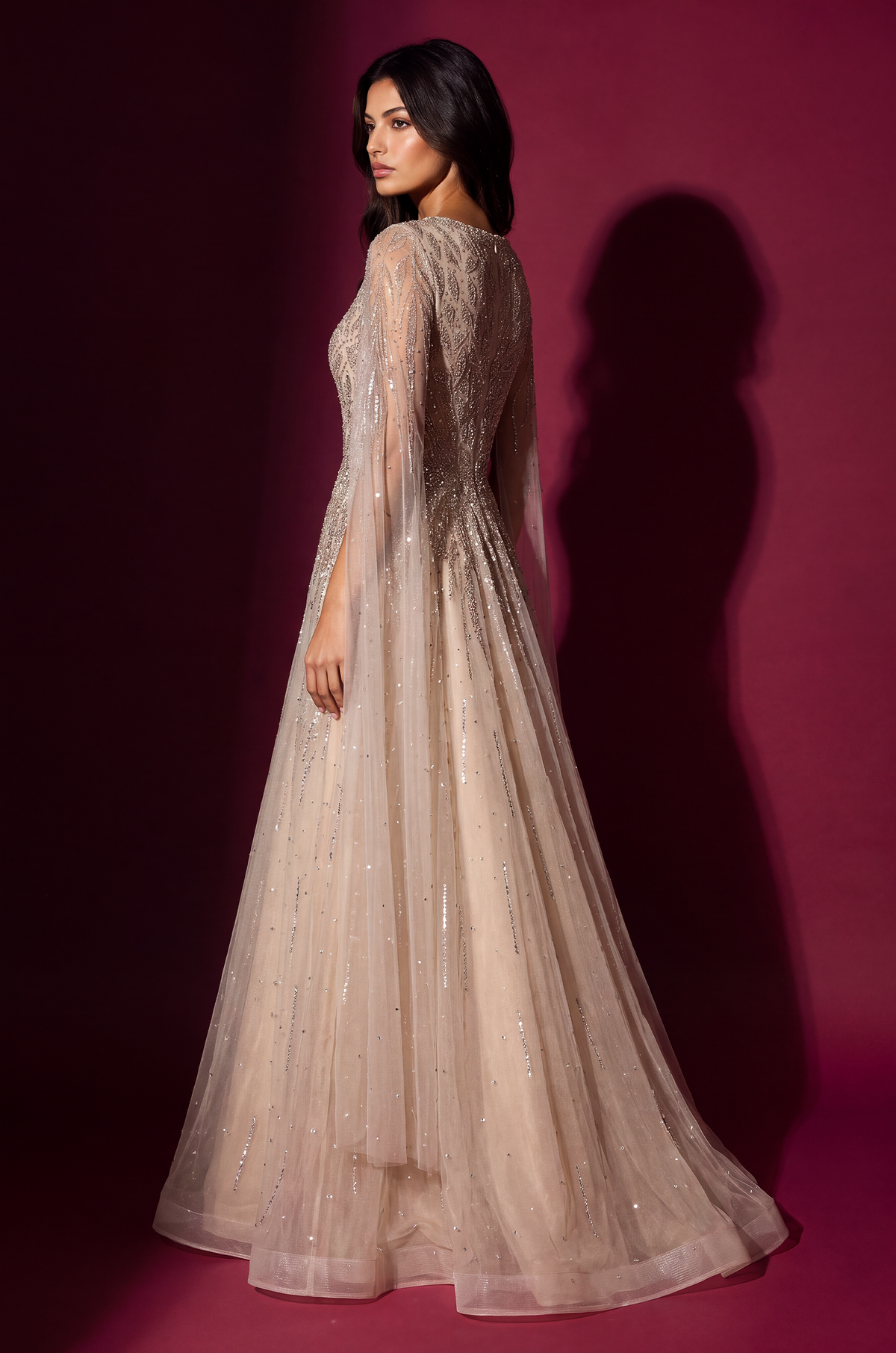 Formal Fully Beaded Cape Sleeve Couture Evening Gown – Gold
