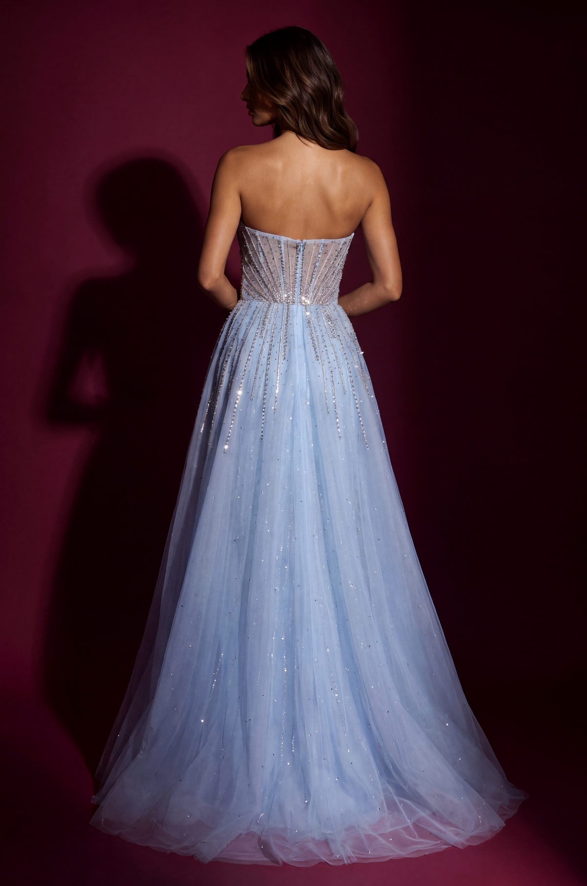Fully Beaded Corset Evening Gown with Overskirt – Blue