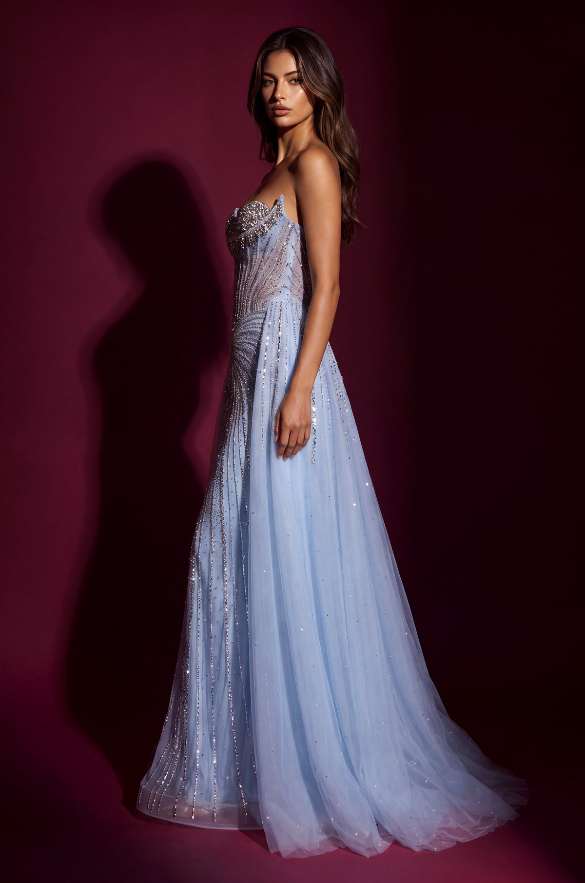 Fully Beaded Corset Evening Gown with Overskirt – Blue