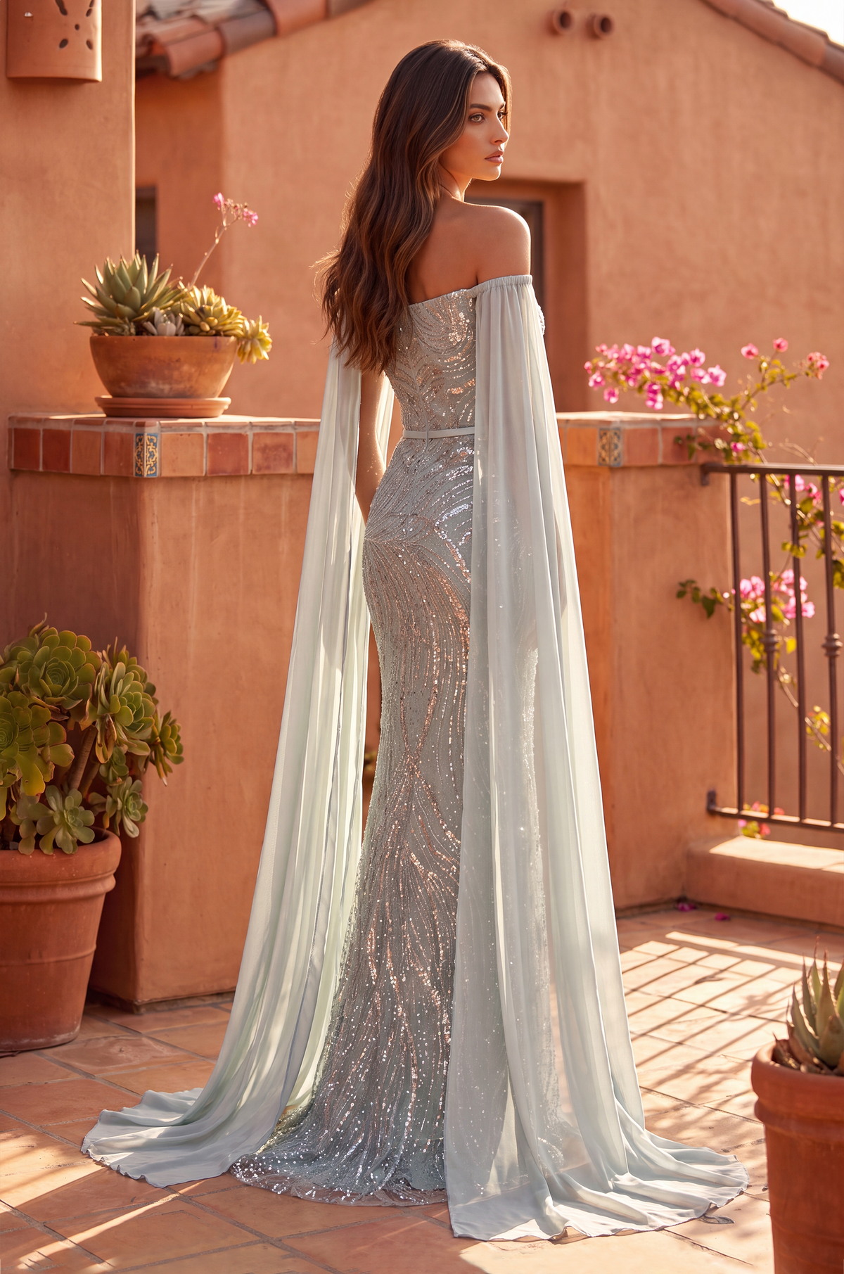 Long Formal Sequined Fitted Cape Sleeve Dress – Sage