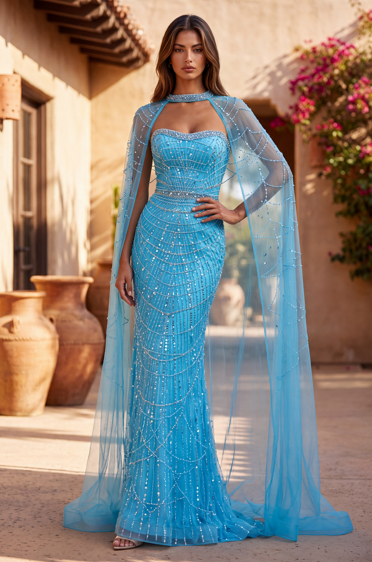 Luxe Fully Embellished Cape Dress with Sweetheart Neckline Rhinestones and Pearl Details – Ocean Blue