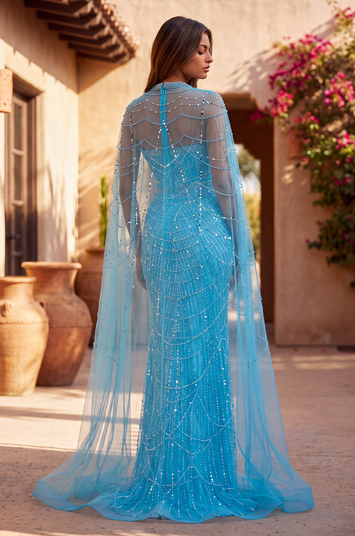 Luxe Fully Embellished Cape Dress with Sweetheart Neckline Rhinestones and Pearl Details – Ocean Blue