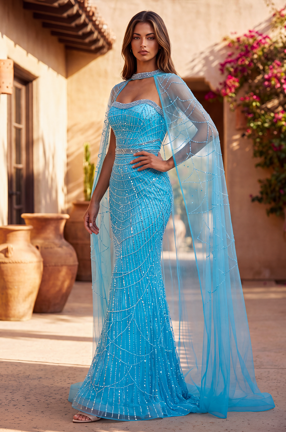Luxe Fully Embellished Cape Dress with Sweetheart Neckline Rhinestones and Pearl Details – Ocean Blue