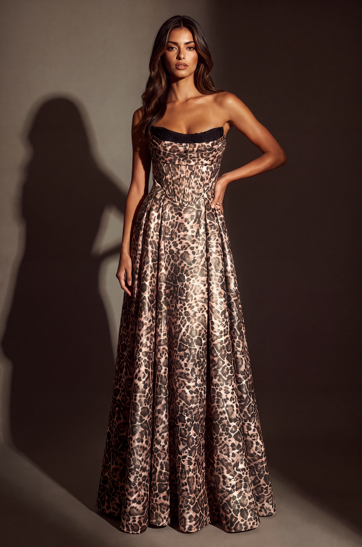 A Line Animal Print Full Length Gown with Adjustable Corset Top – Print