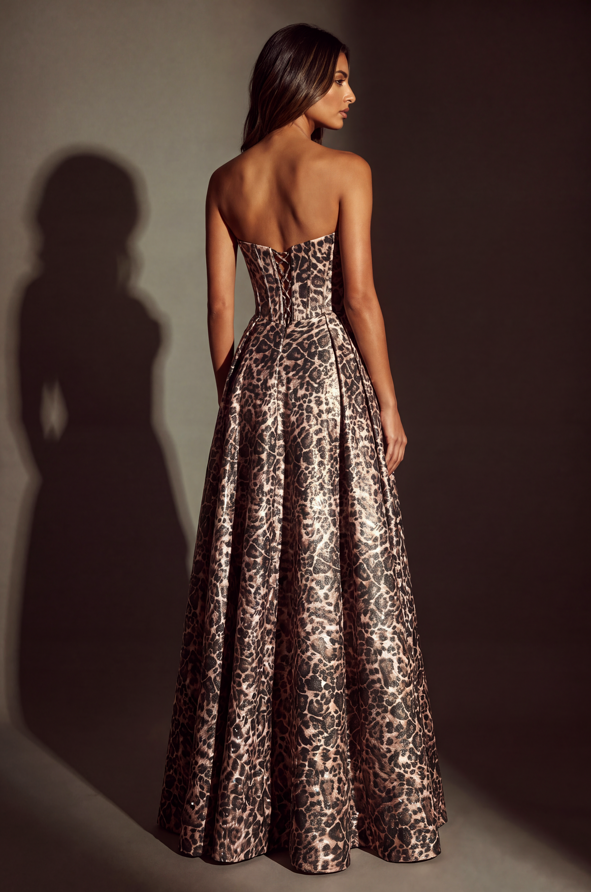 A Line Animal Print Full Length Gown with Adjustable Corset Top – Print