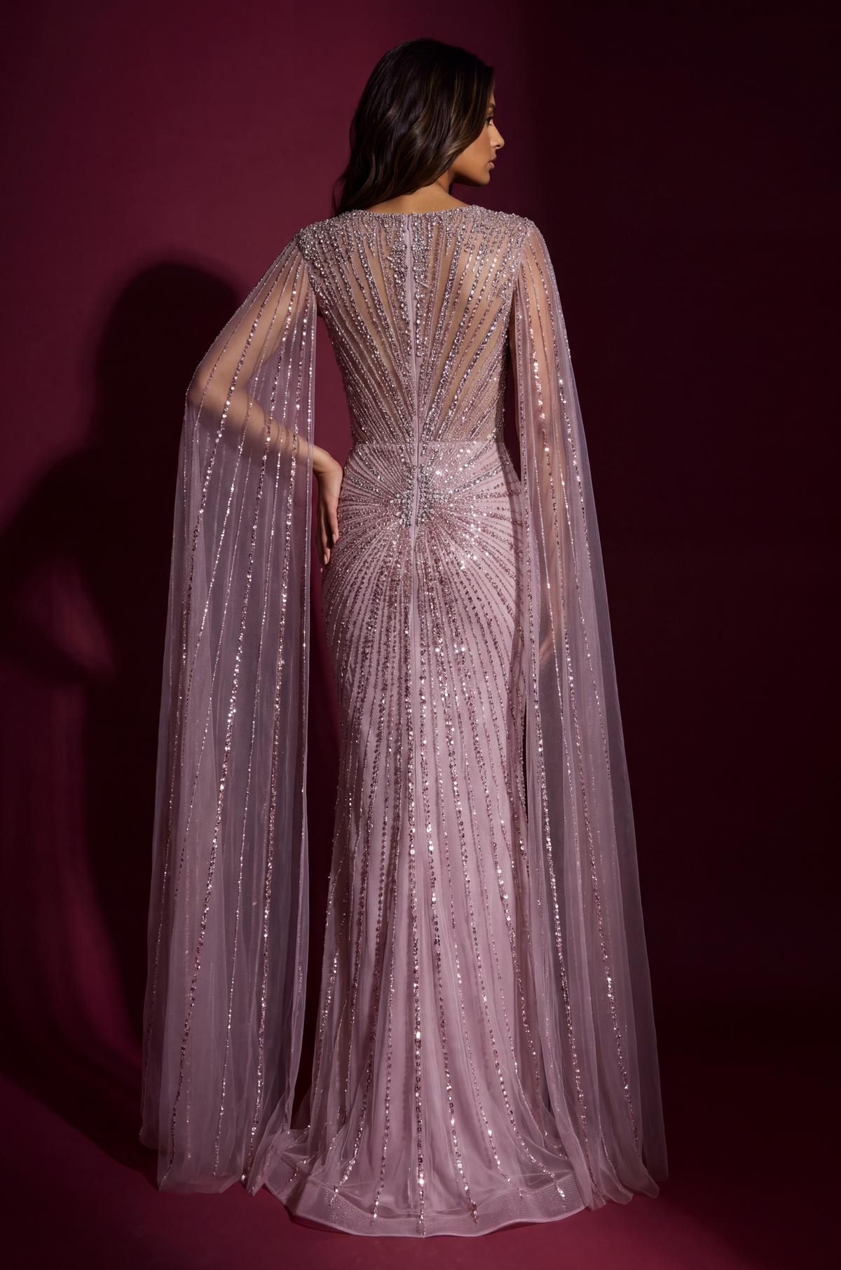 Formal Dress Beaded Cape Evening Gown – Pink