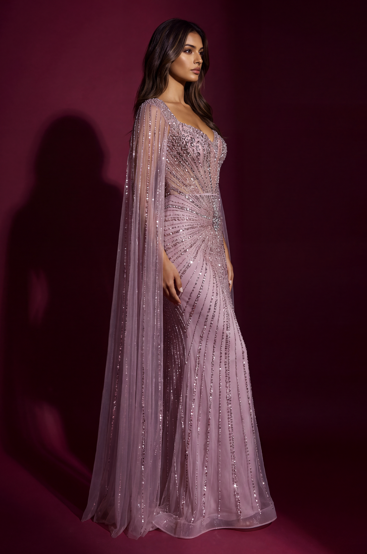 Formal Dress Beaded Cape Evening Gown – Pink