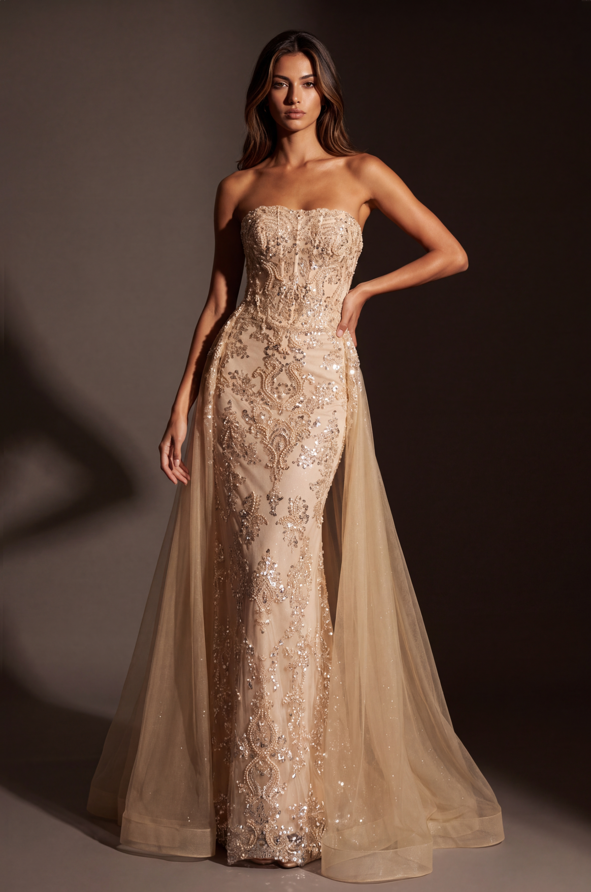 Couture Fully Beaded Formal Evening Gown with Tulle Overskirt – Chamapgne