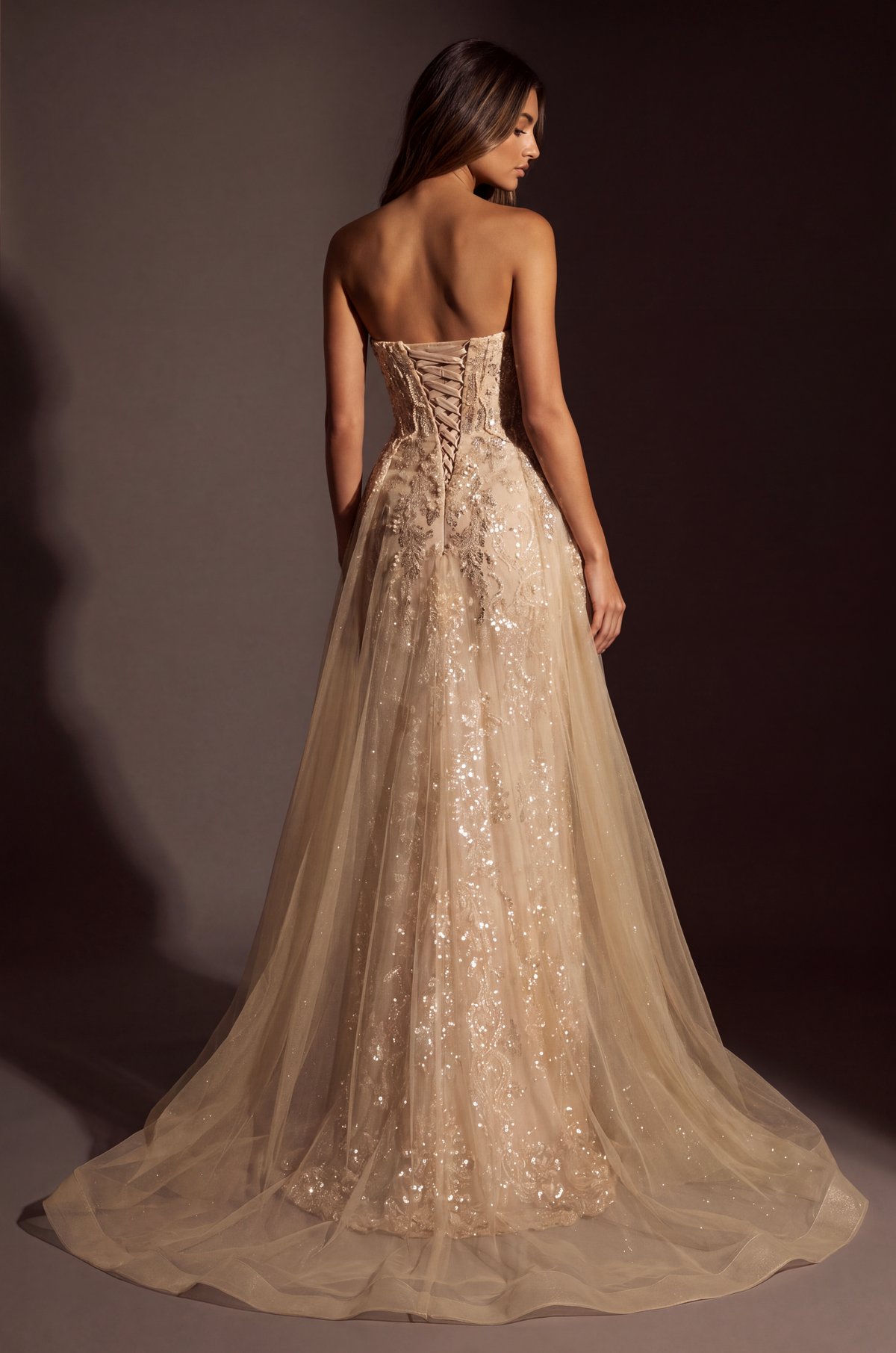 Couture Fully Beaded Formal Evening Gown with Tulle Overskirt – Chamapgne