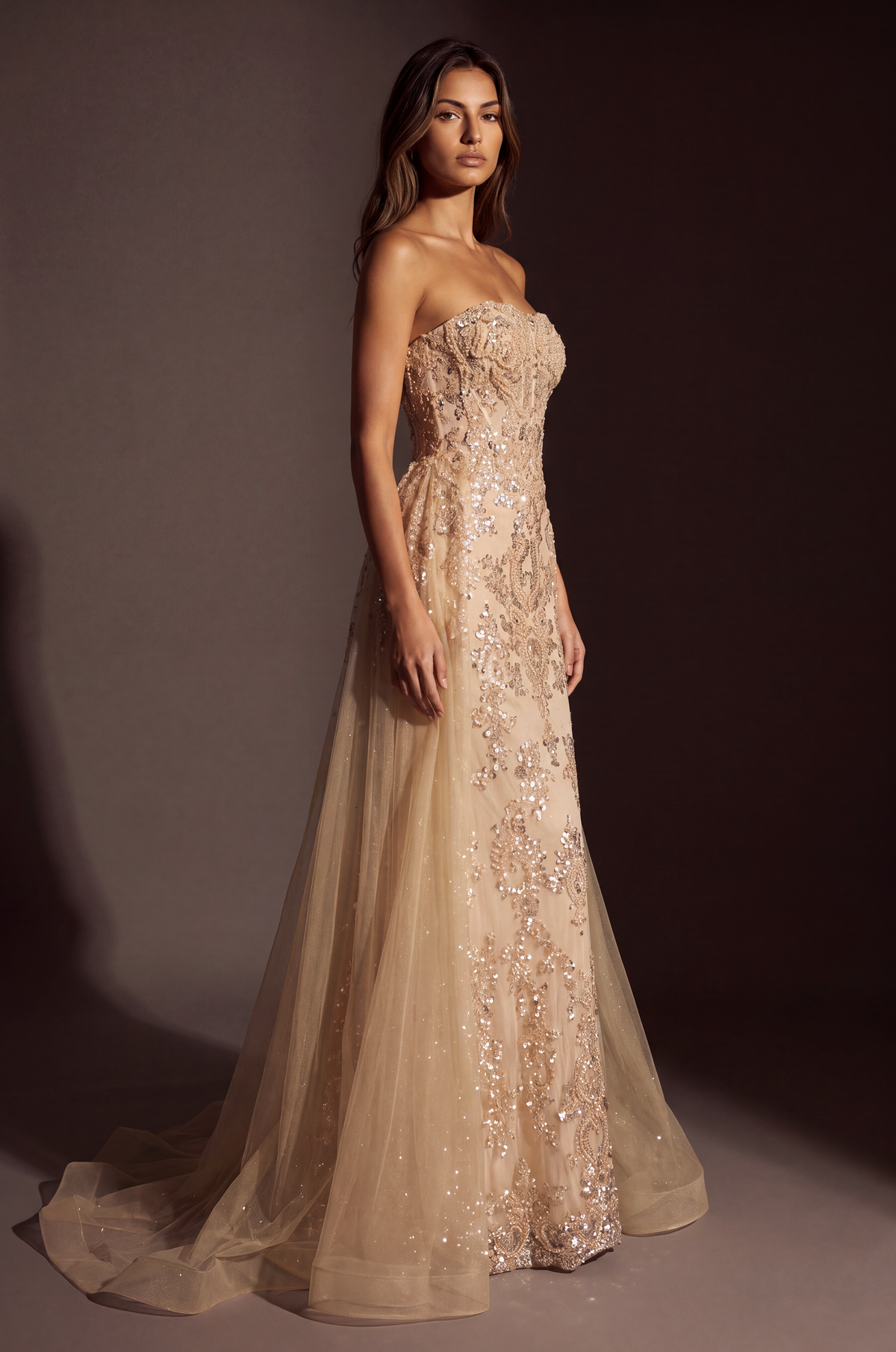 Couture Fully Beaded Formal Evening Gown with Tulle Overskirt – Chamapgne