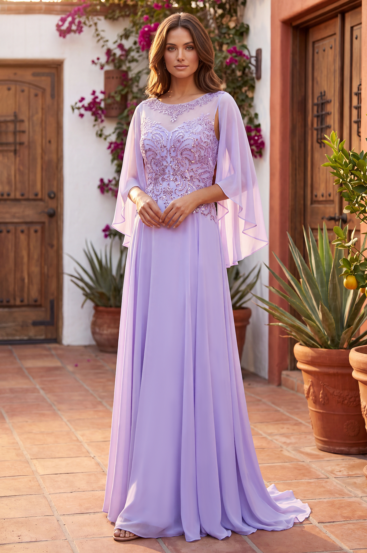 Long Mother of the Bride Cape Sleeve Dress – Lilac