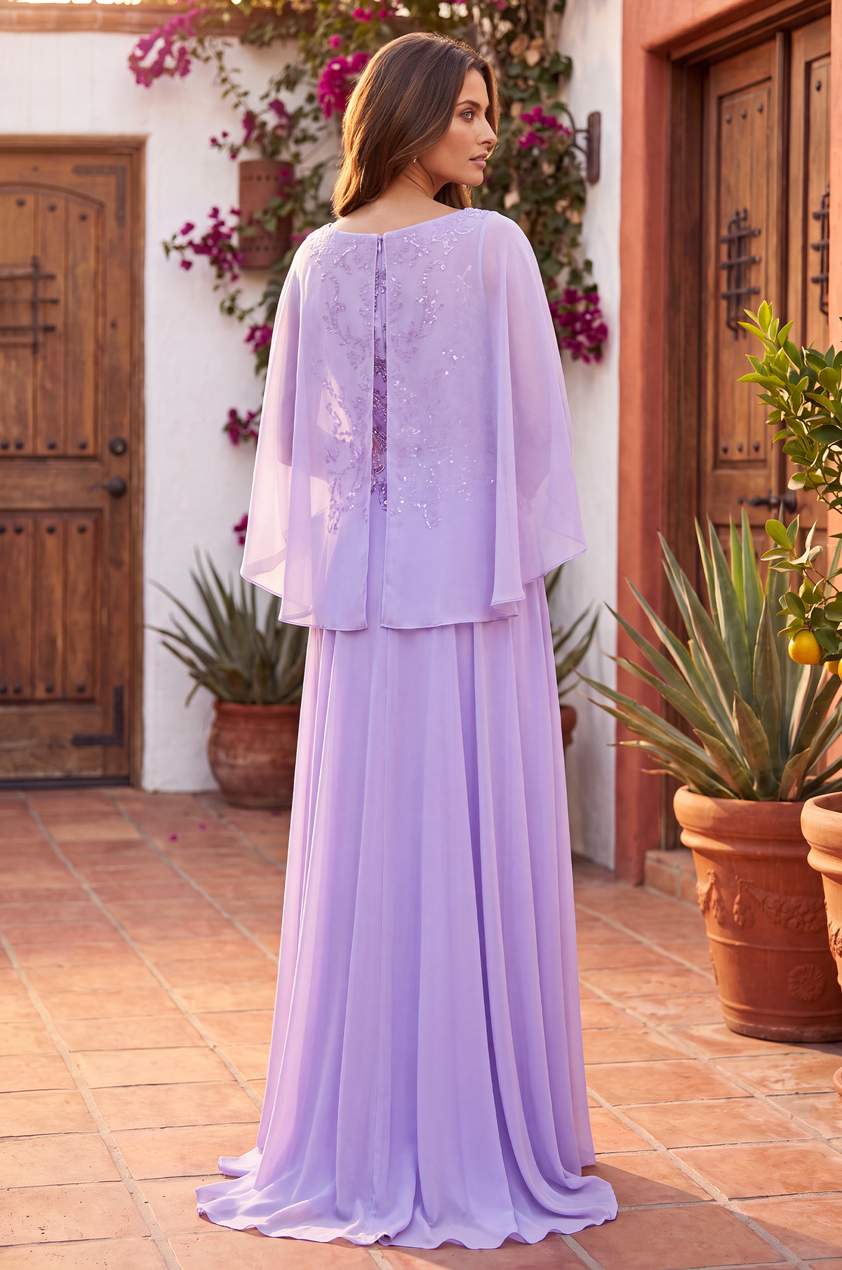 Long Mother of the Bride Cape Sleeve Dress – Lilac