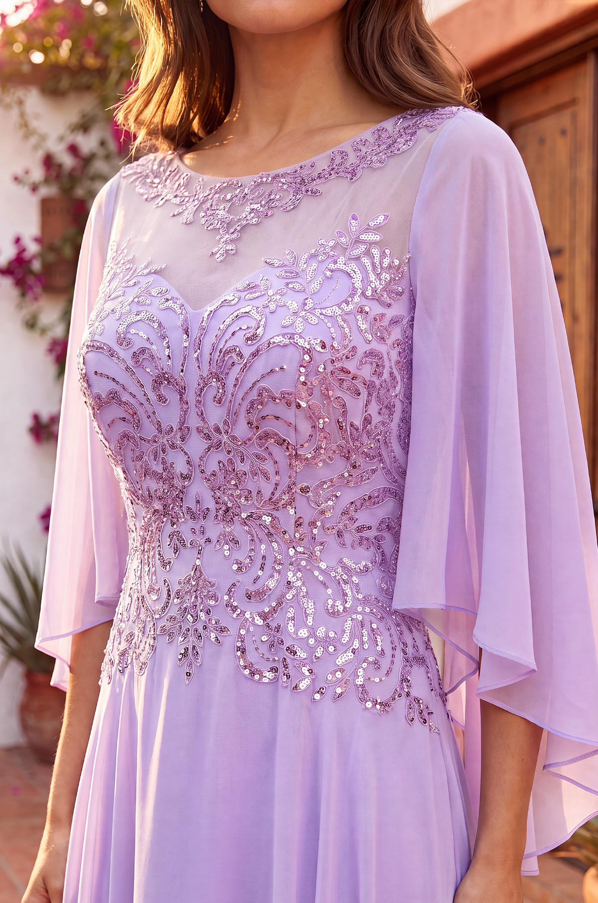 Long Mother of the Bride Cape Sleeve Dress – Lilac