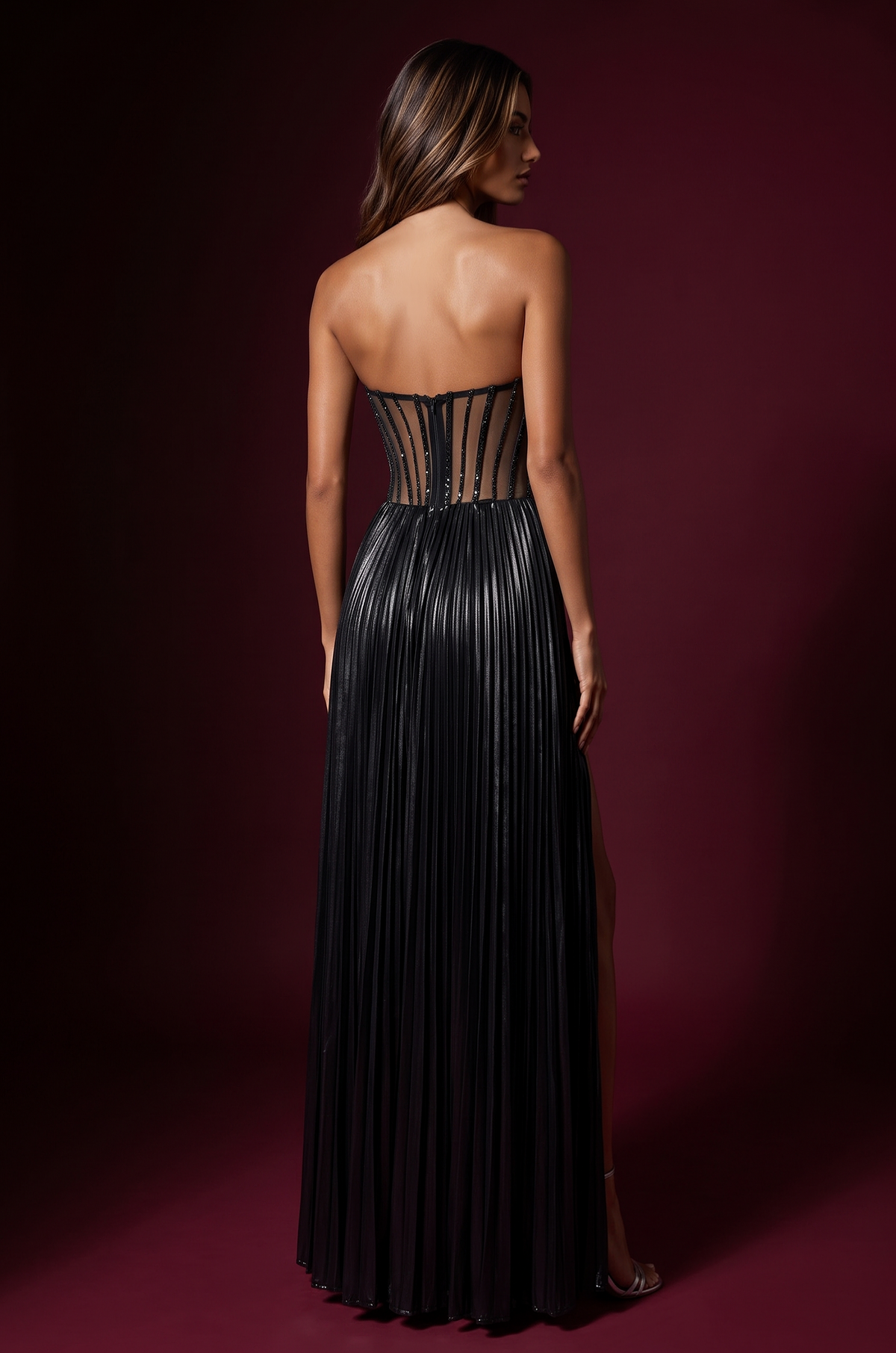Strapless Beaded Bust Pleated Corset Formal Dress – Silver