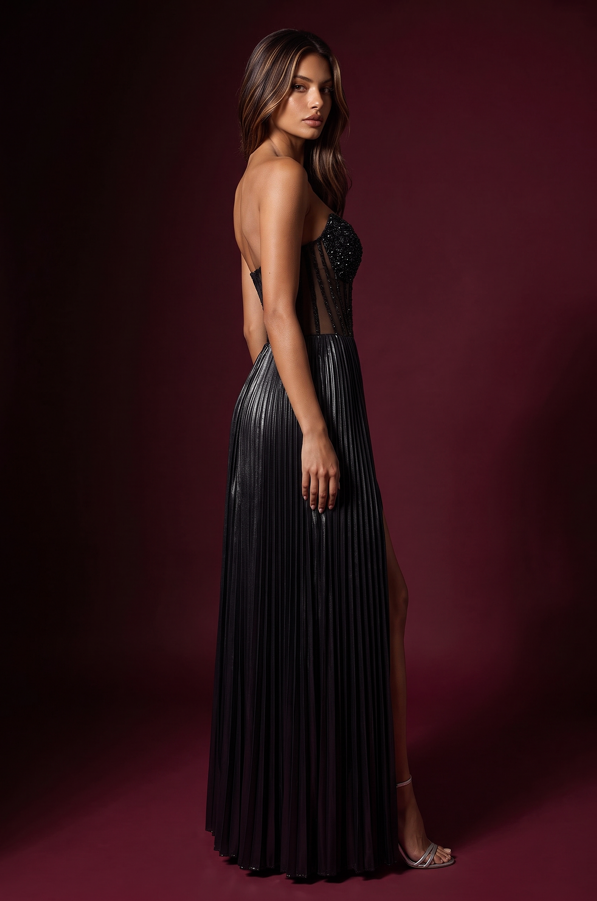 Strapless Beaded Bust Pleated Corset Formal Dress – Silver