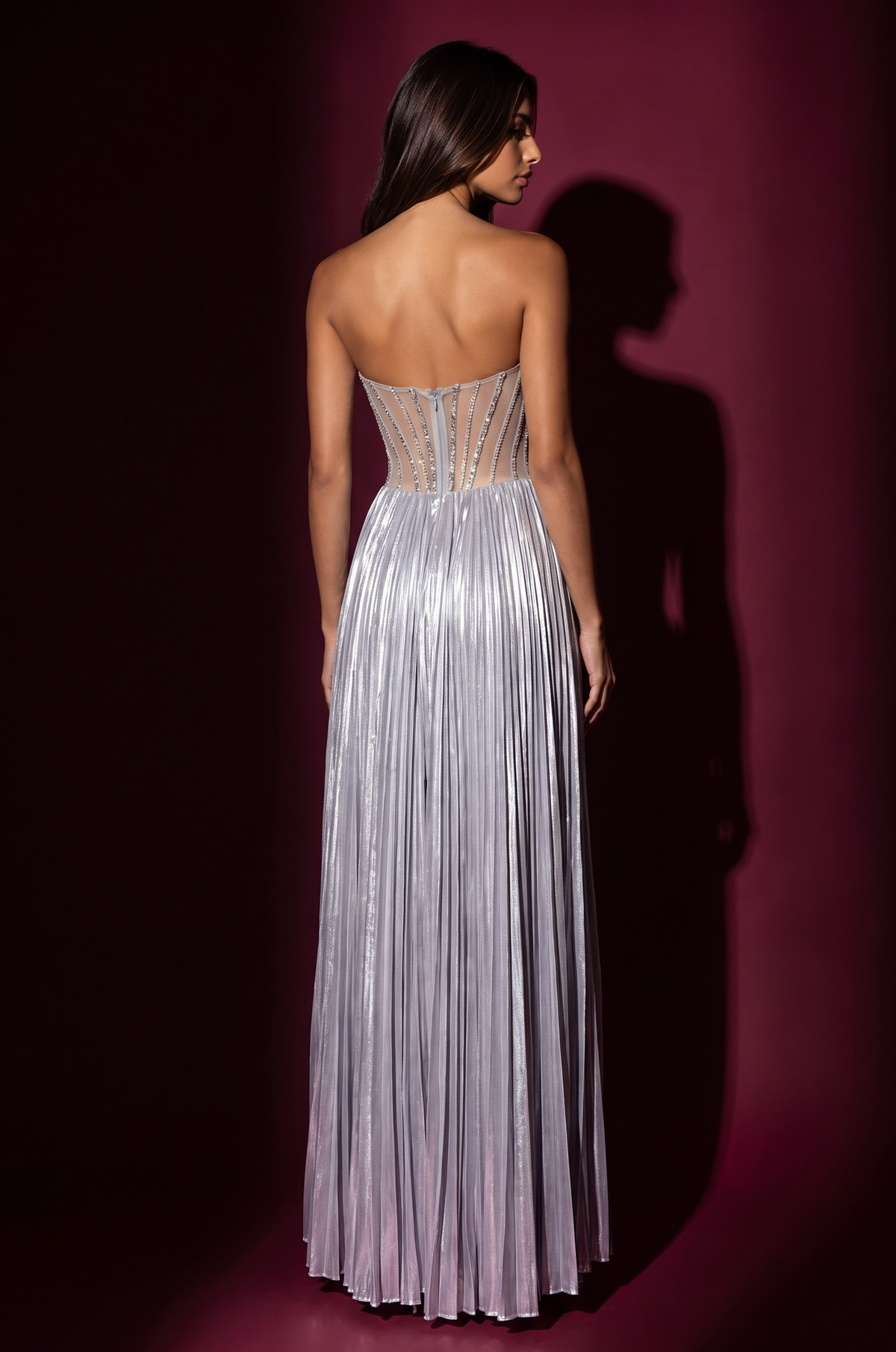 Strapless Beaded Bust Pleated Corset Formal Dress – Silver