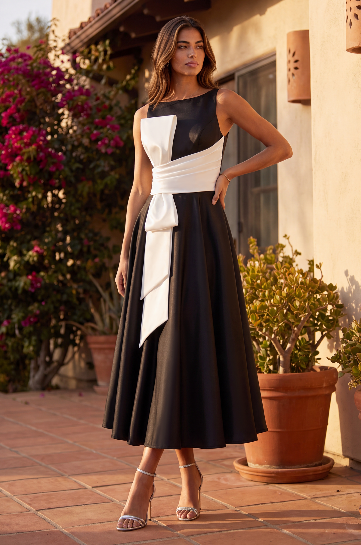 Formal A Line Satin Cocktail Midi Dress – Black/White