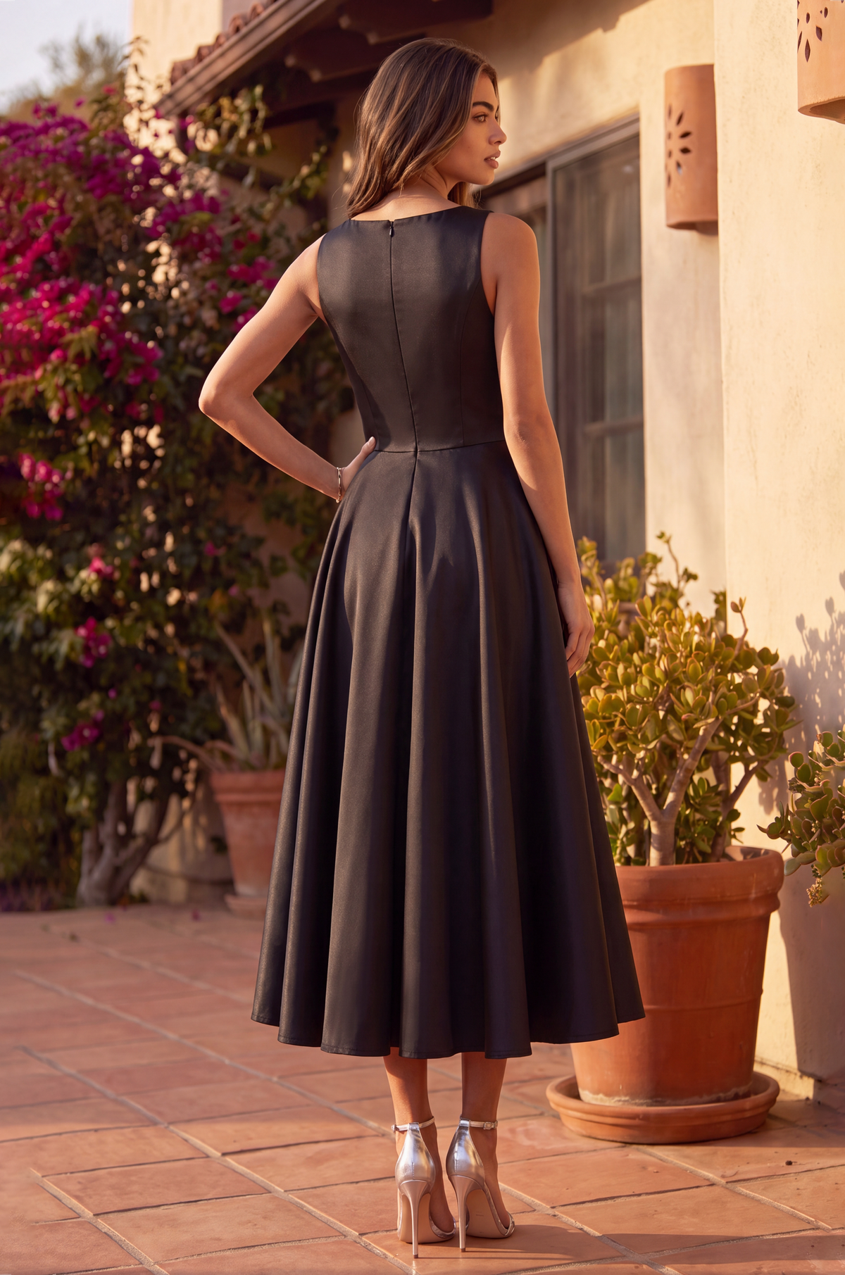 Formal A Line Satin Cocktail Midi Dress – Black/White