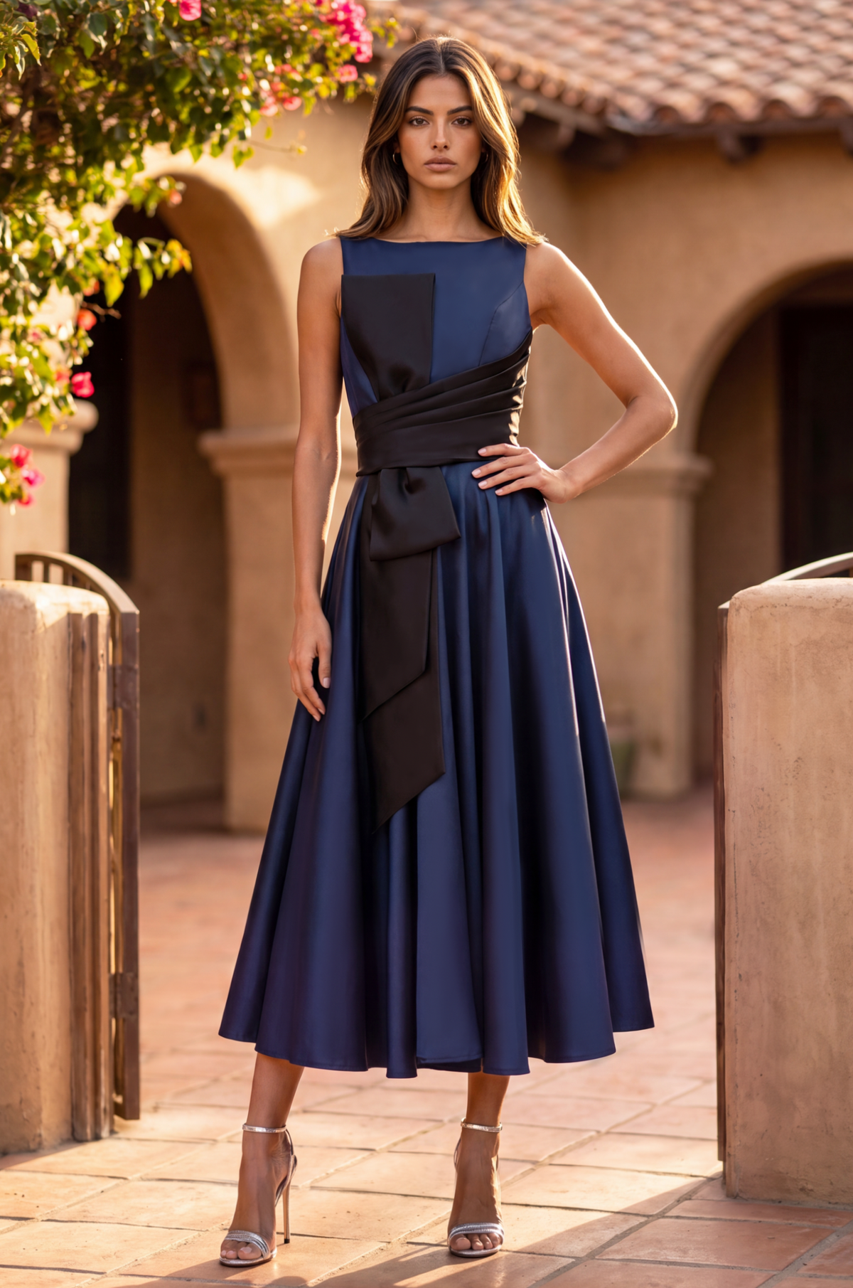 Formal A Line Satin Cocktail Midi Dress – Black/White