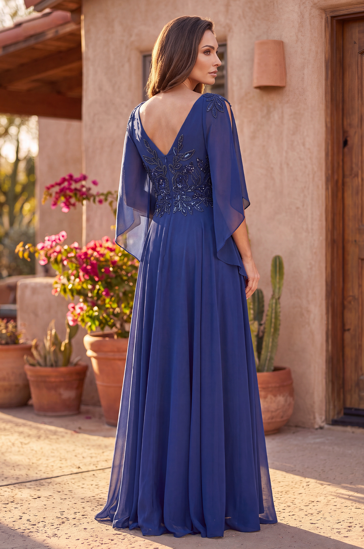 Long Formal Split Cape Sleeve Evening Dress – Navy