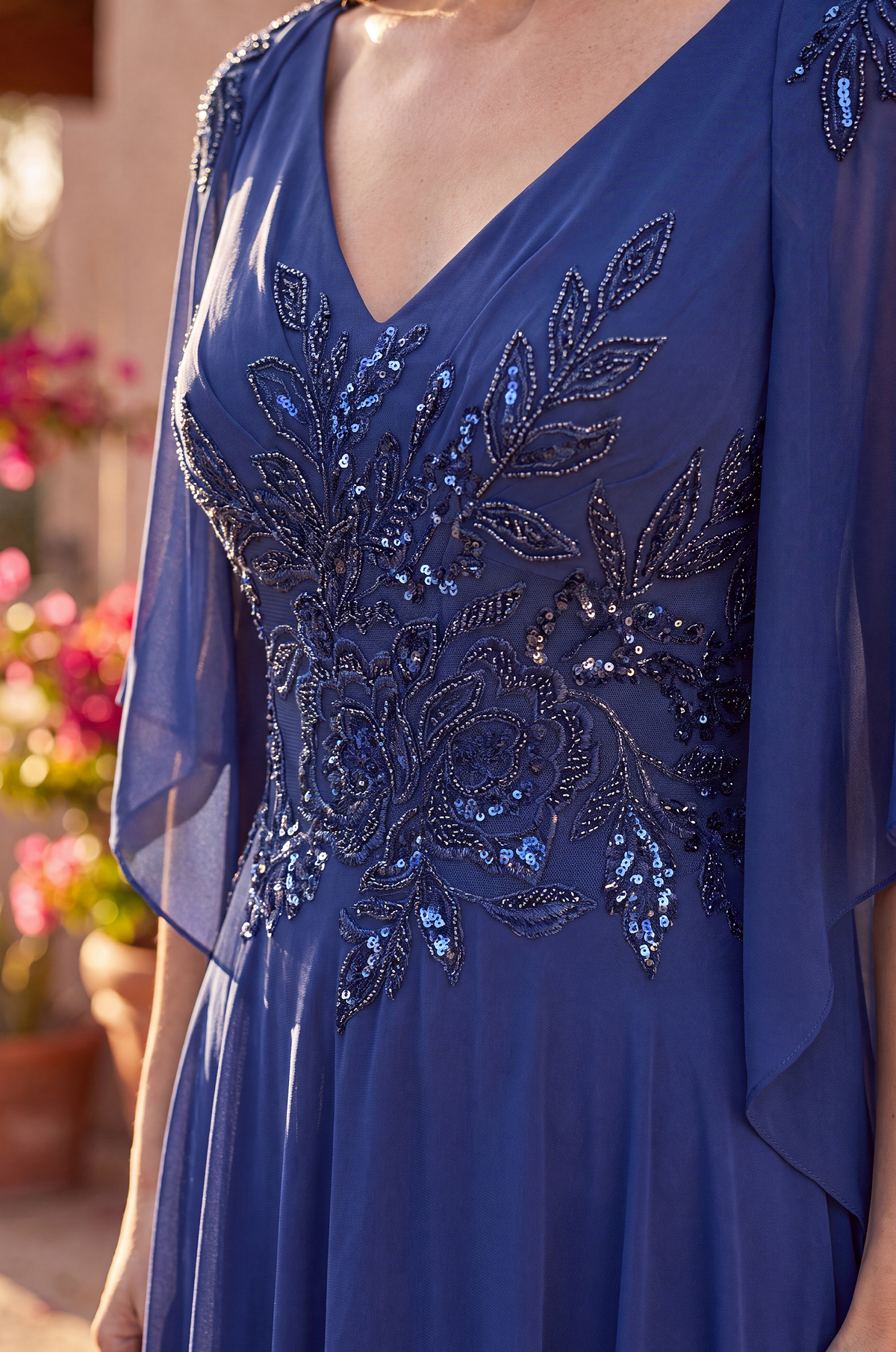 Long Formal Split Cape Sleeve Evening Dress – Navy