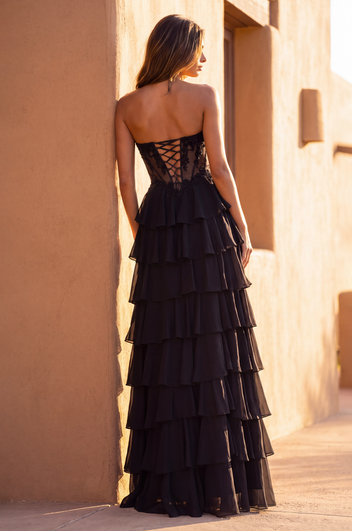 Formal Lace Corset Tiered Ruffle Evening Gown – Black
