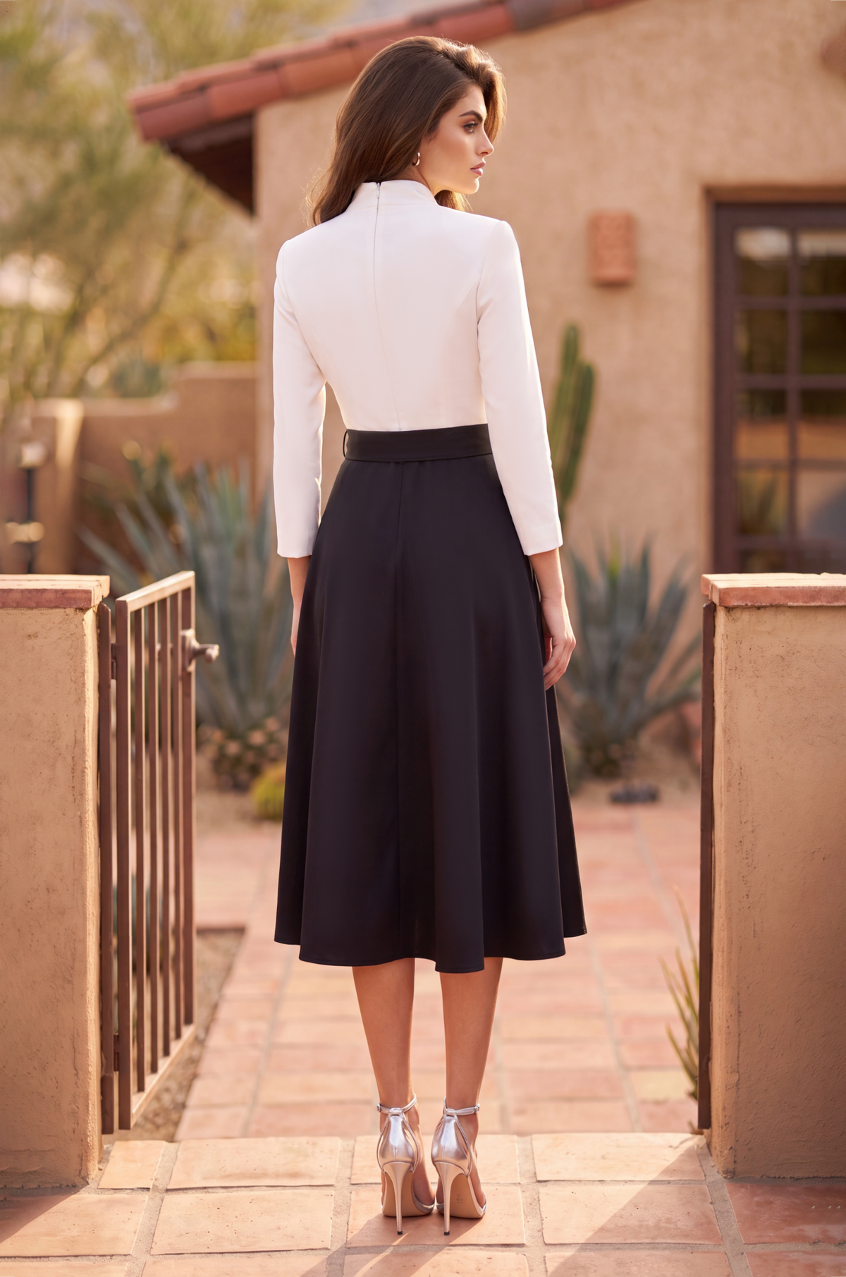 Two Tone Formal Long Sleeve Midi Dress – Black/White
