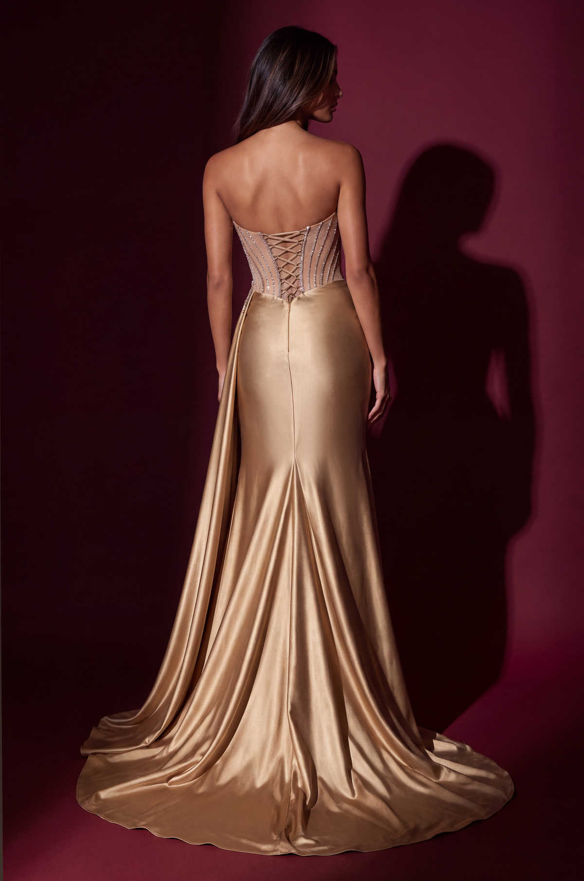 Long Strapless Corset Beaded Satin Prom Dress – Gold