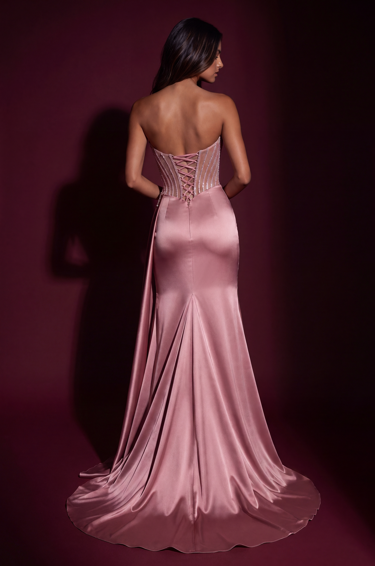 Long Strapless Corset Beaded Satin Prom Dress – Pink