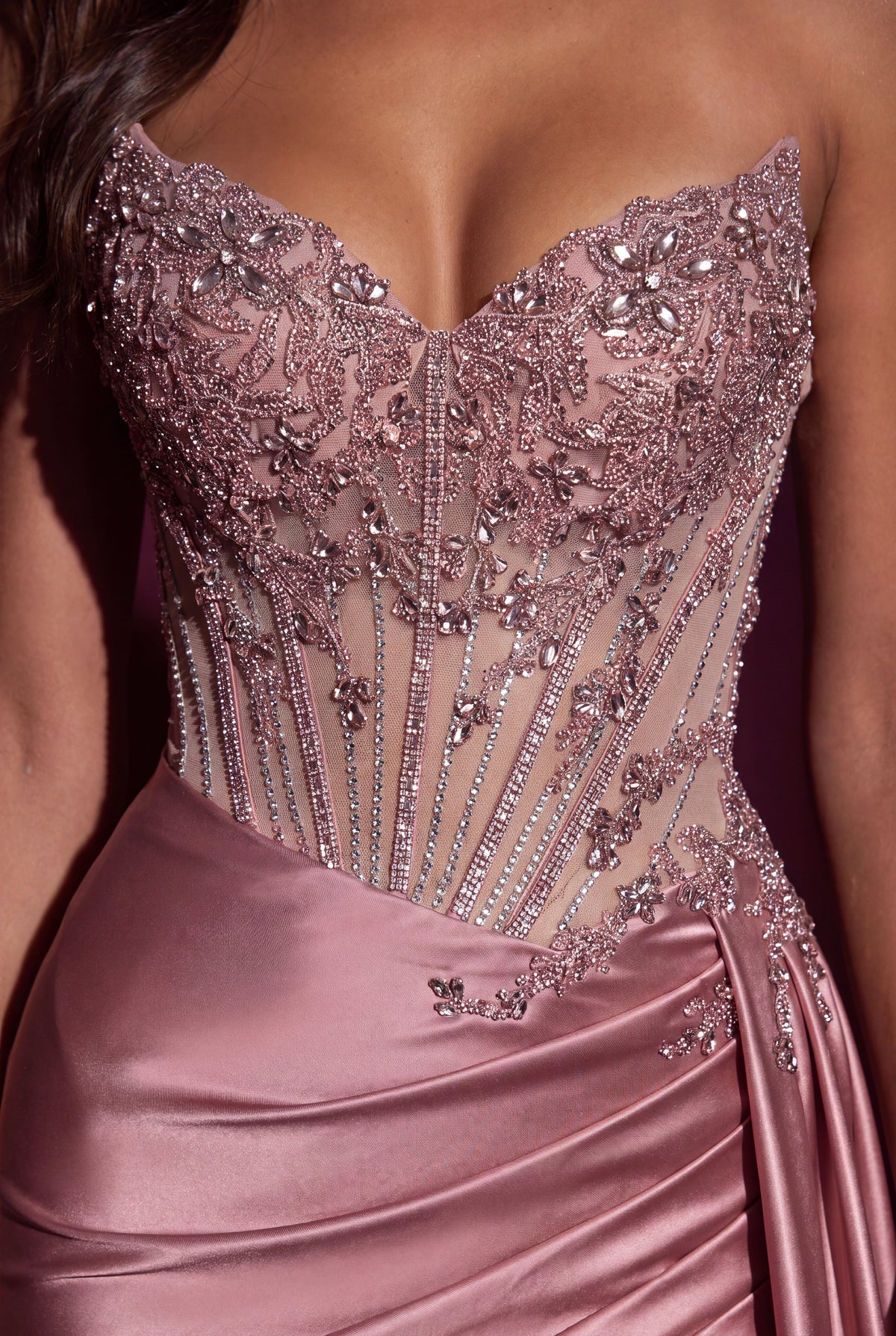 Long Strapless Corset Beaded Satin Prom Dress – Pink